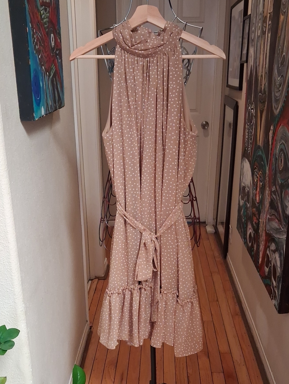Sleeveless Polka Dot Tie-Waist Midi Dress - Beige